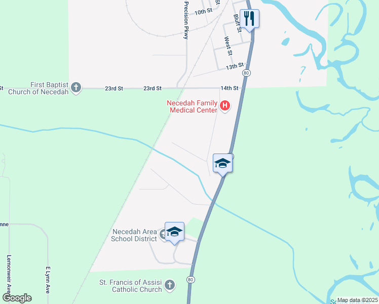 map of restaurants, bars, coffee shops, grocery stores, and more near 303 W Cardinal Dr in Necedah