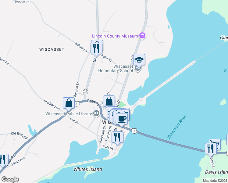 map of restaurants, bars, coffee shops, grocery stores, and more near 2 Hammond Street in Wiscasset