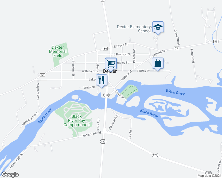 map of restaurants, bars, coffee shops, grocery stores, and more near 300 Locke Street in Dexter