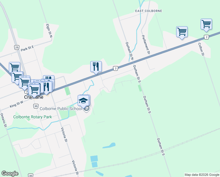 map of restaurants, bars, coffee shops, grocery stores, and more near 114 King Street East in Colborne