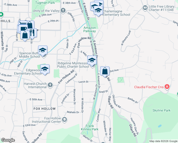 map of restaurants, bars, coffee shops, grocery stores, and more near 4439 Fox Hollow Road in Eugene