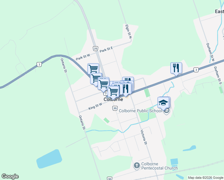 map of restaurants, bars, coffee shops, grocery stores, and more near 26 Victoria Square in Colborne