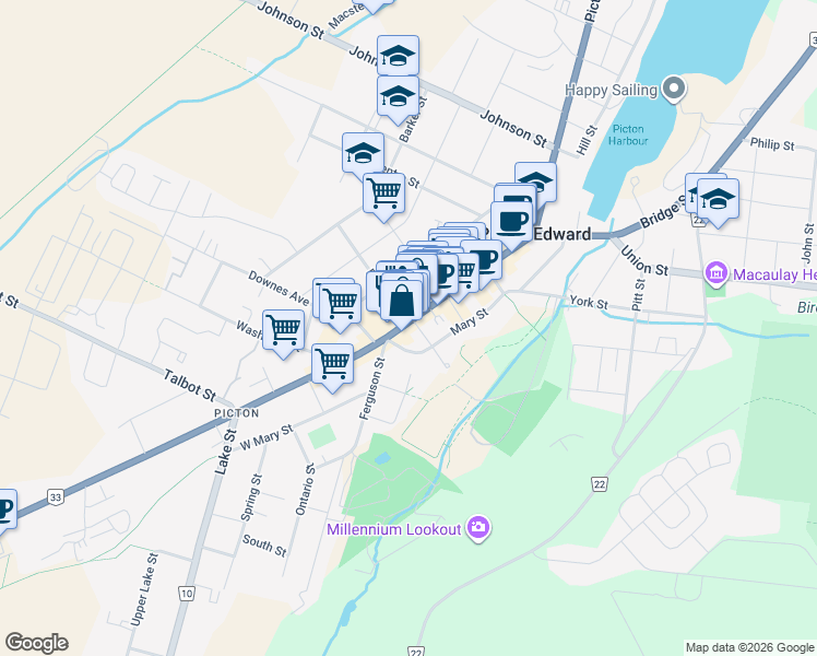map of restaurants, bars, coffee shops, grocery stores, and more near 128 Main Street West in Prince Edward