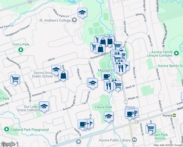 map of restaurants, bars, coffee shops, grocery stores, and more near 10 Laurentide Avenue in Aurora