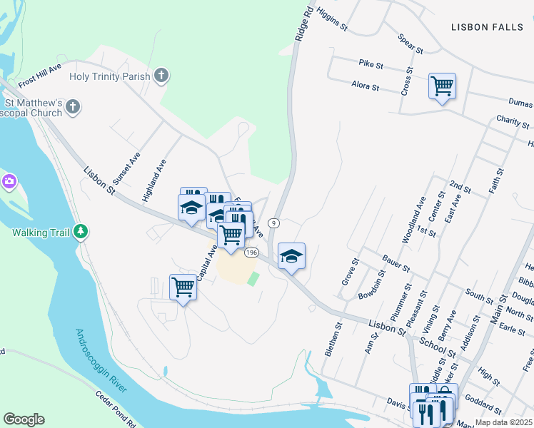 map of restaurants, bars, coffee shops, grocery stores, and more near 6 Ridge Road in Lisbon