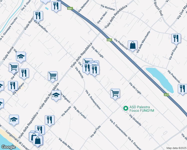 map of restaurants, bars, coffee shops, grocery stores, and more near 57 Via Stradella in Massa