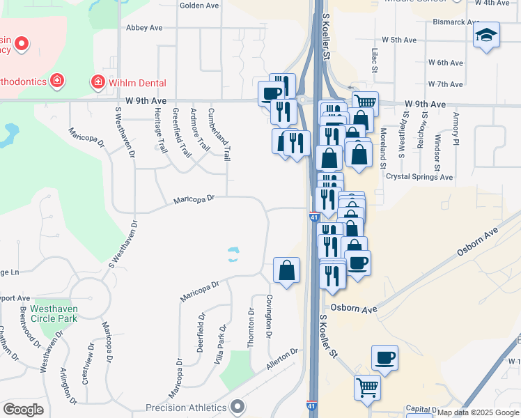 map of restaurants, bars, coffee shops, grocery stores, and more near 1405 Maricopa Drive in Oshkosh
