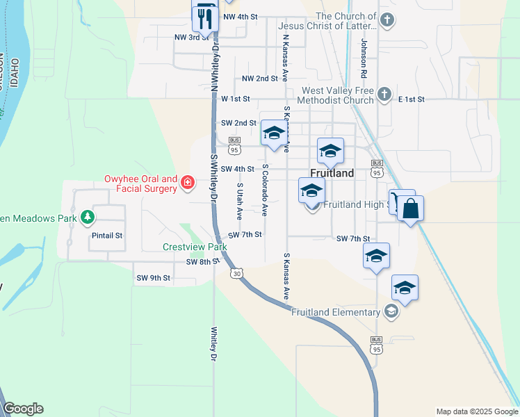 map of restaurants, bars, coffee shops, grocery stores, and more near 614 South Colorado Avenue in Fruitland