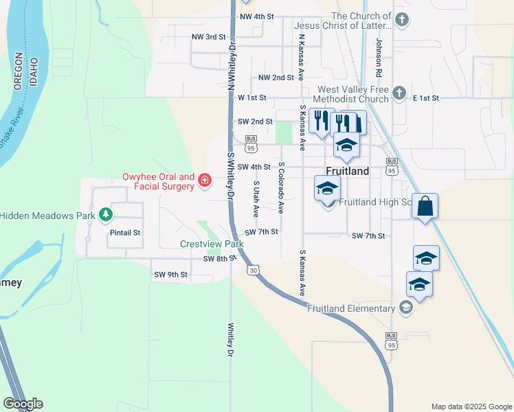 map of restaurants, bars, coffee shops, grocery stores, and more near 614 South Utah Avenue in Fruitland