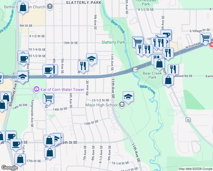 map of restaurants, bars, coffee shops, grocery stores, and more near 1230 10th Avenue Southeast in Rochester