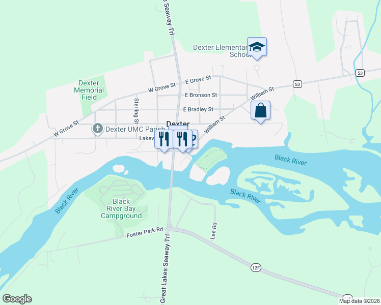 map of restaurants, bars, coffee shops, grocery stores, and more near 124 William Street in Dexter
