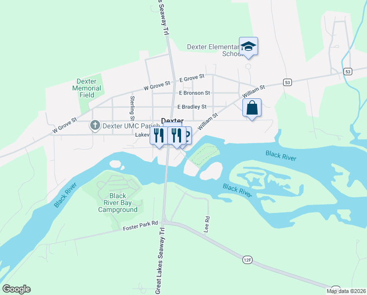 map of restaurants, bars, coffee shops, grocery stores, and more near 120 William Street in Dexter