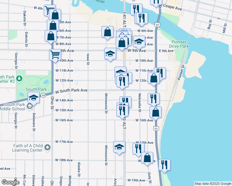 map of restaurants, bars, coffee shops, grocery stores, and more near 236 West 14th Avenue in Oshkosh