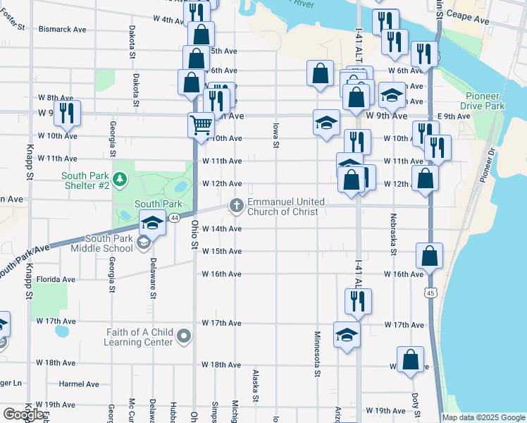 map of restaurants, bars, coffee shops, grocery stores, and more near 426 West 14th Avenue in Oshkosh