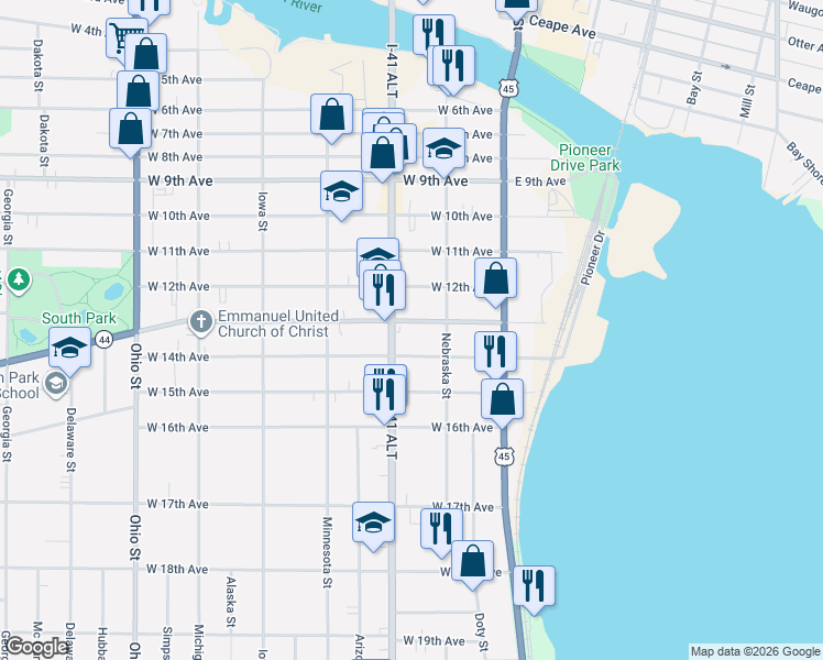 map of restaurants, bars, coffee shops, grocery stores, and more near 136 West 14th Avenue in Oshkosh