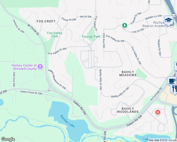 map of restaurants, bars, coffee shops, grocery stores, and more near 1235 Fox Hill Place Southwest in Rochester