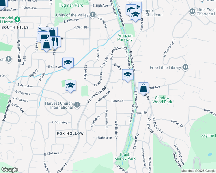map of restaurants, bars, coffee shops, grocery stores, and more near 4427 Larkwood Street in Eugene