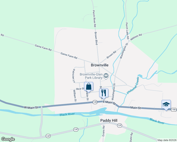 map of restaurants, bars, coffee shops, grocery stores, and more near in Brownville