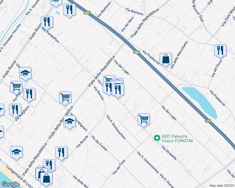 map of restaurants, bars, coffee shops, grocery stores, and more near 57 Via Stradella in Massa