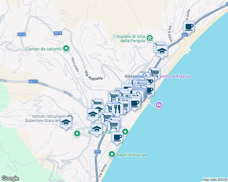 map of restaurants, bars, coffee shops, grocery stores, and more near 53 Via Michelangelo Buonarroti in Alassio