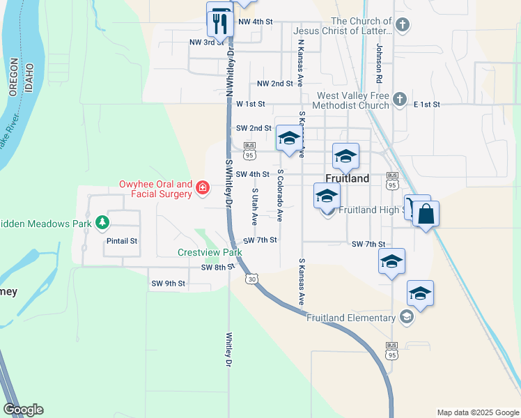 map of restaurants, bars, coffee shops, grocery stores, and more near 419 South Colorado Avenue in Fruitland