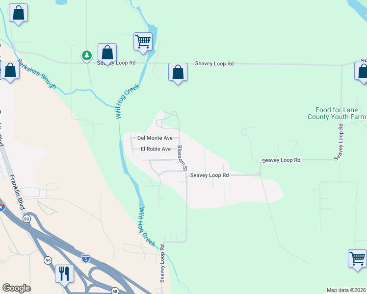 map of restaurants, bars, coffee shops, grocery stores, and more near 86277 Blossom Street in Eugene