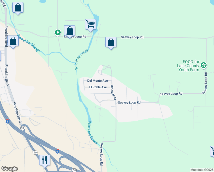 map of restaurants, bars, coffee shops, grocery stores, and more near 34183 Del Monte Avenue in Eugene