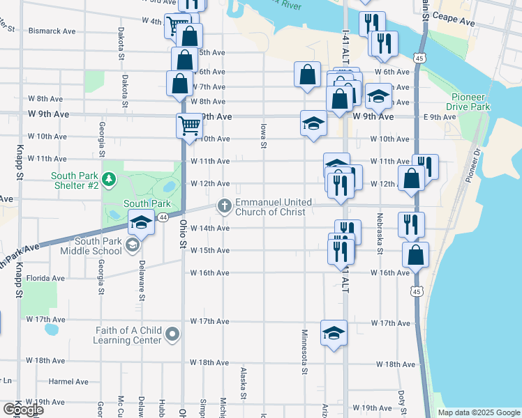 map of restaurants, bars, coffee shops, grocery stores, and more near 1211 Iowa Street in Oshkosh