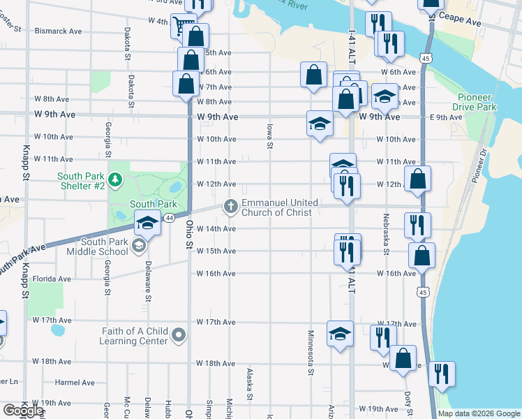 map of restaurants, bars, coffee shops, grocery stores, and more near 1211 Iowa Street in Oshkosh