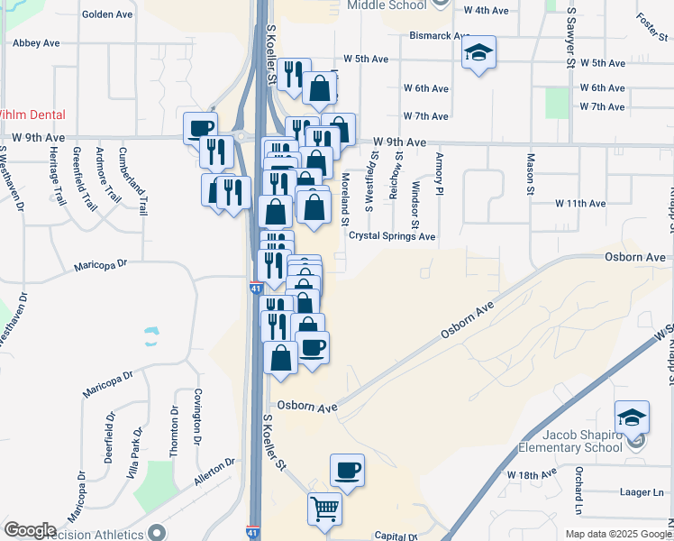 map of restaurants, bars, coffee shops, grocery stores, and more near 1310 Moreland Street in Oshkosh