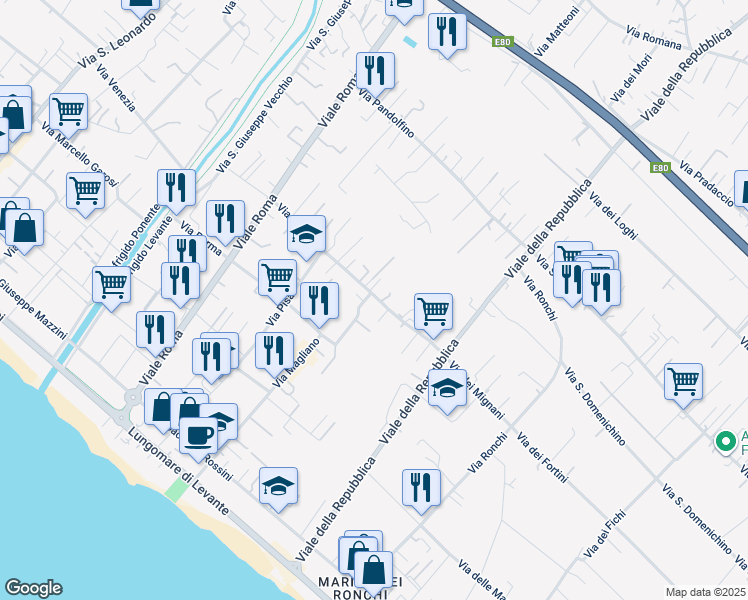 map of restaurants, bars, coffee shops, grocery stores, and more near 243 Via Arezzo in Massa