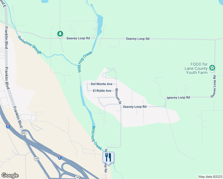 map of restaurants, bars, coffee shops, grocery stores, and more near 34183 Del Monte Avenue in Eugene
