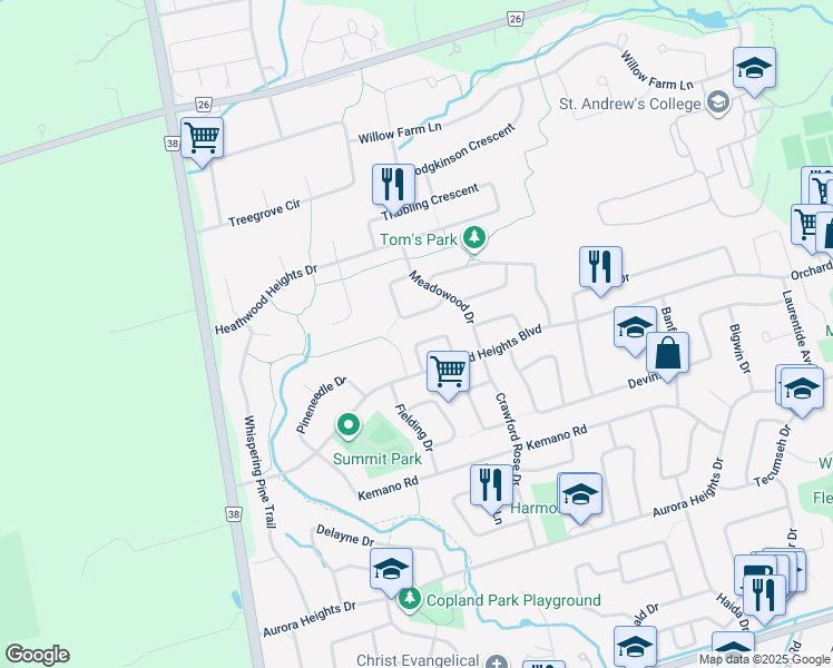 map of restaurants, bars, coffee shops, grocery stores, and more near 28 Mendys Forest in Aurora