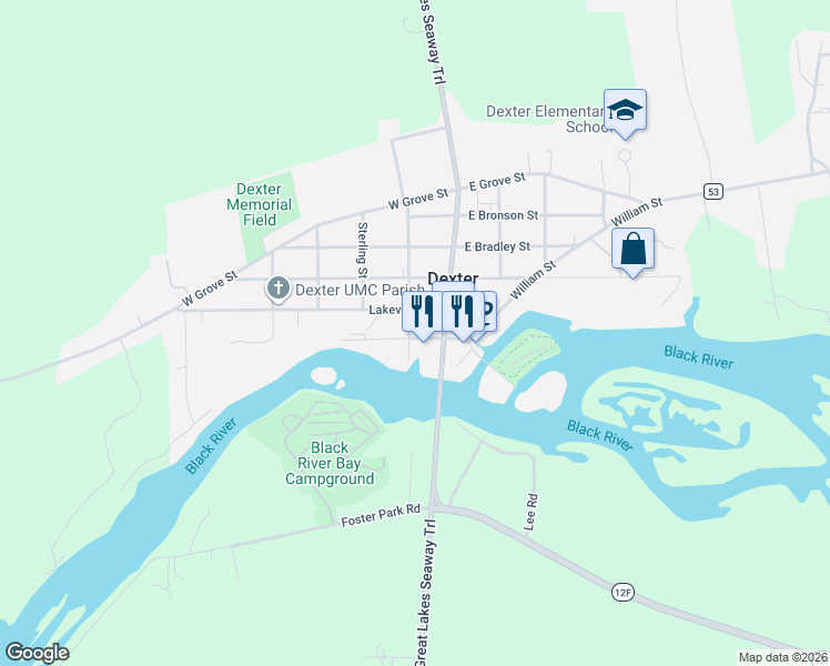 map of restaurants, bars, coffee shops, grocery stores, and more near 220 Water Street in Watertown