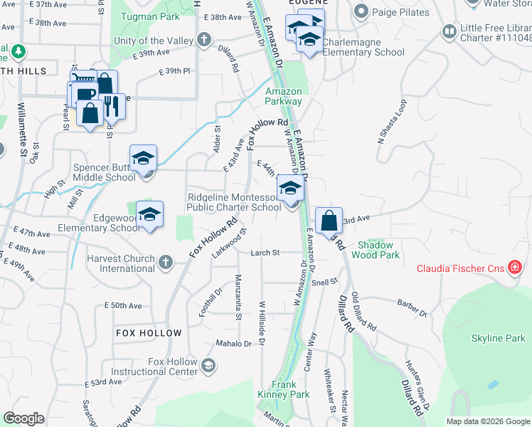 map of restaurants, bars, coffee shops, grocery stores, and more near 4435 Fox Hollow Road in Eugene
