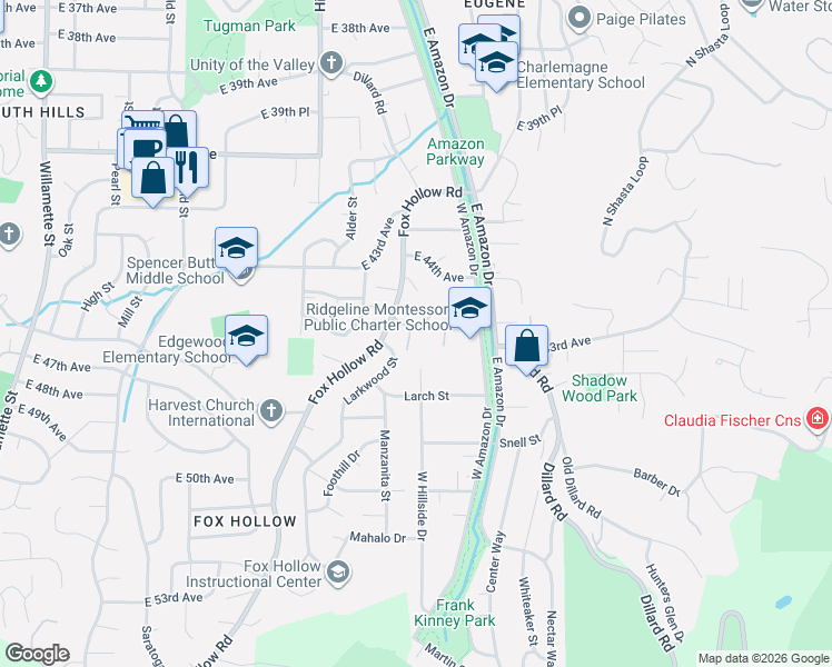 map of restaurants, bars, coffee shops, grocery stores, and more near 4427 Fox Hollow Road in Eugene