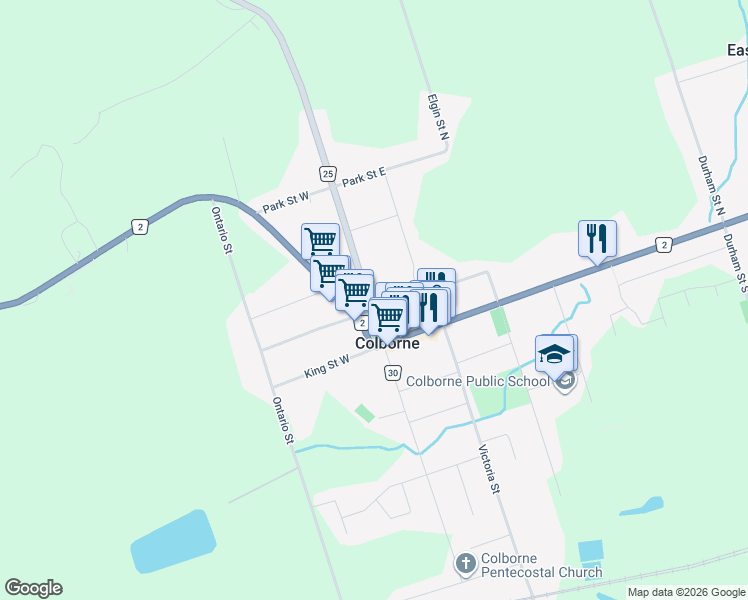 map of restaurants, bars, coffee shops, grocery stores, and more near 1 Church Street East in Colborne