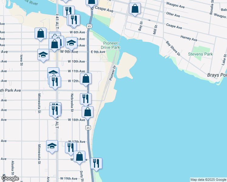 map of restaurants, bars, coffee shops, grocery stores, and more near 1100 Pioneer Drive in Oshkosh