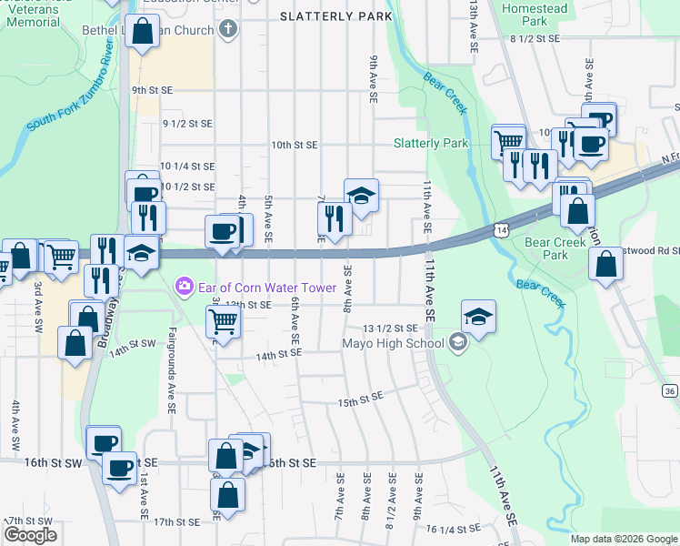 map of restaurants, bars, coffee shops, grocery stores, and more near in Rochester