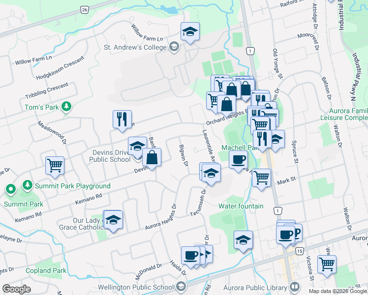 map of restaurants, bars, coffee shops, grocery stores, and more near 21 Bigwin Drive in Aurora