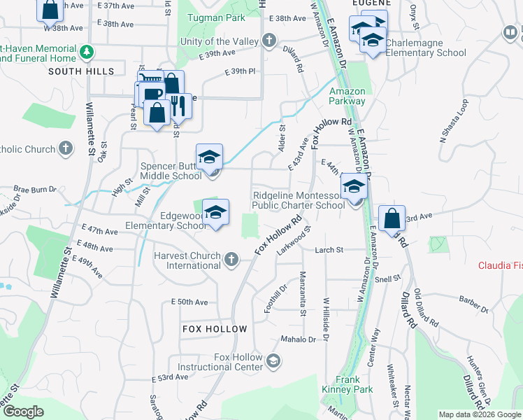 map of restaurants, bars, coffee shops, grocery stores, and more near 4495 Pinecrest Drive in Eugene
