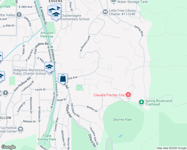 map of restaurants, bars, coffee shops, grocery stores, and more near 1642 East 43rd Avenue in Eugene
