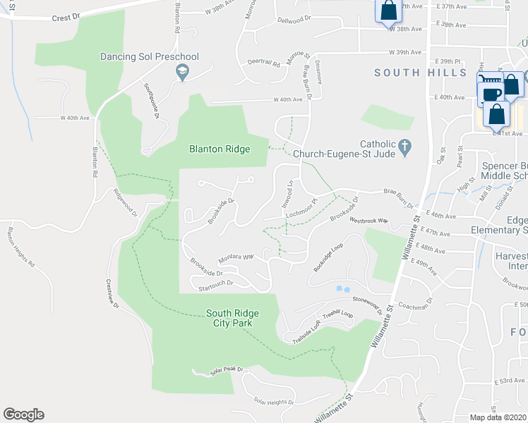 map of restaurants, bars, coffee shops, grocery stores, and more near 1001 Brookside Drive in Eugene