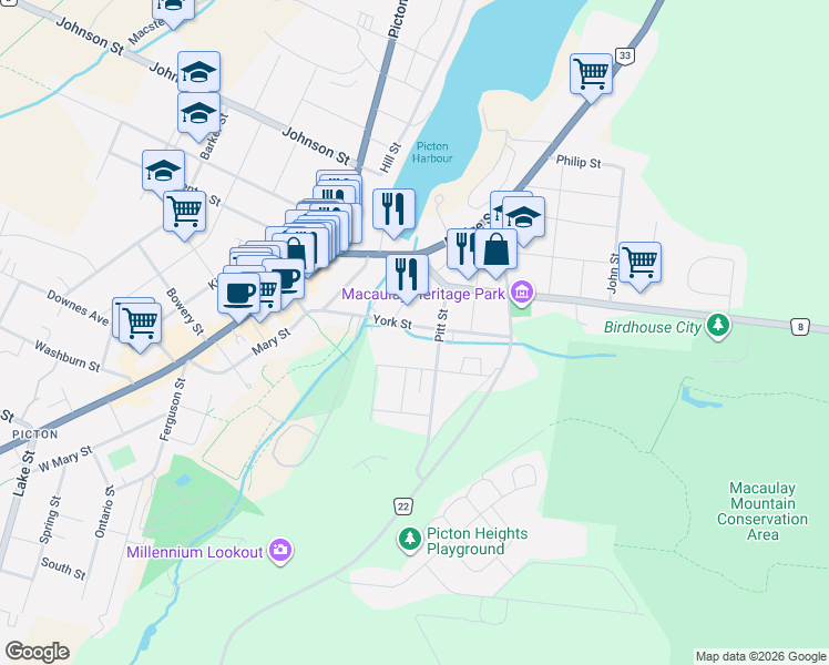 map of restaurants, bars, coffee shops, grocery stores, and more near 28 York Street in Prince Edward