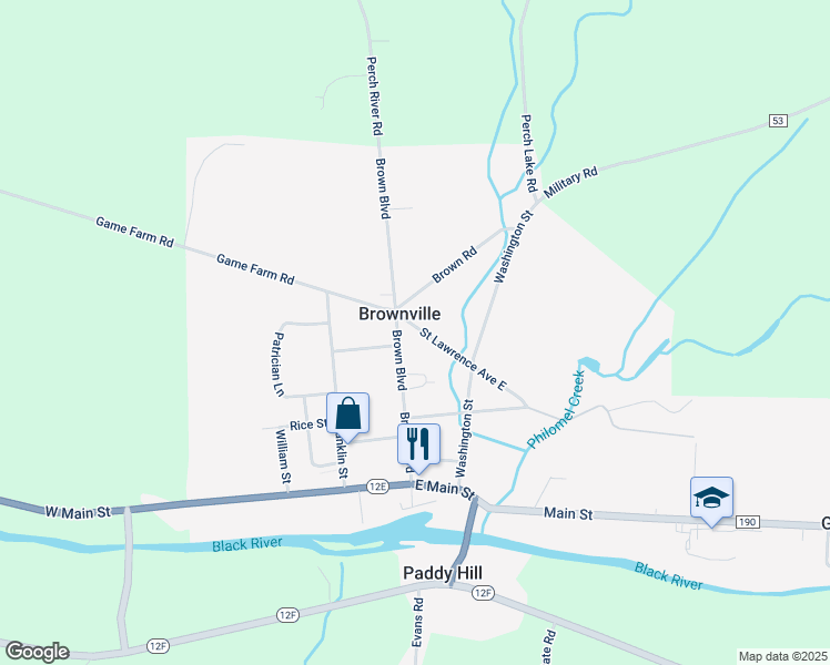 map of restaurants, bars, coffee shops, grocery stores, and more near in Brownville