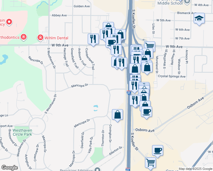 map of restaurants, bars, coffee shops, grocery stores, and more near 1390 Maricopa Drive in Oshkosh