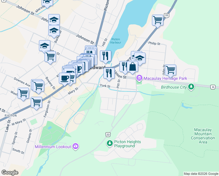 map of restaurants, bars, coffee shops, grocery stores, and more near 26 York Street in Prince Edward County