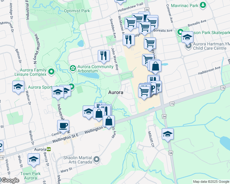 map of restaurants, bars, coffee shops, grocery stores, and more near 100 John West Way in Aurora