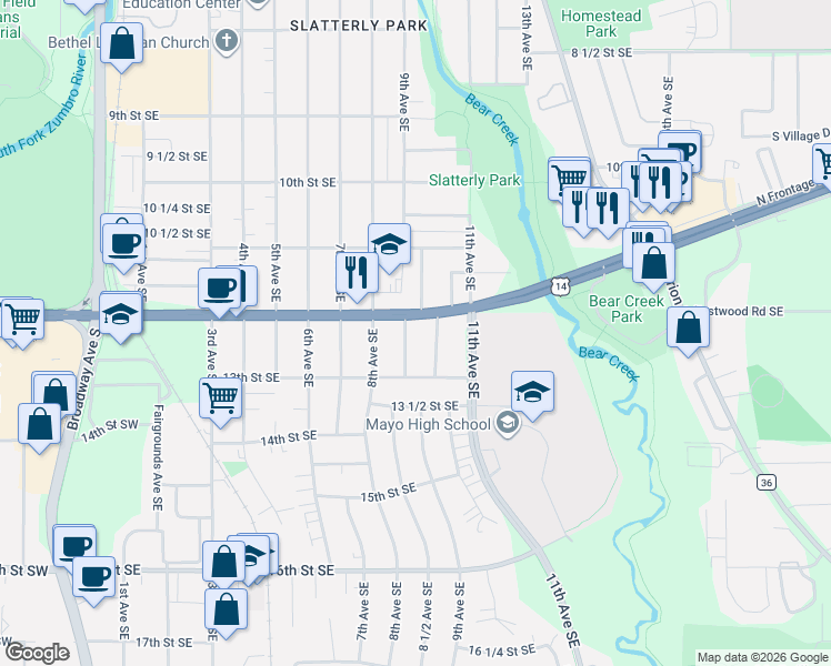 map of restaurants, bars, coffee shops, grocery stores, and more near 1206 9th Avenue Southeast in Rochester