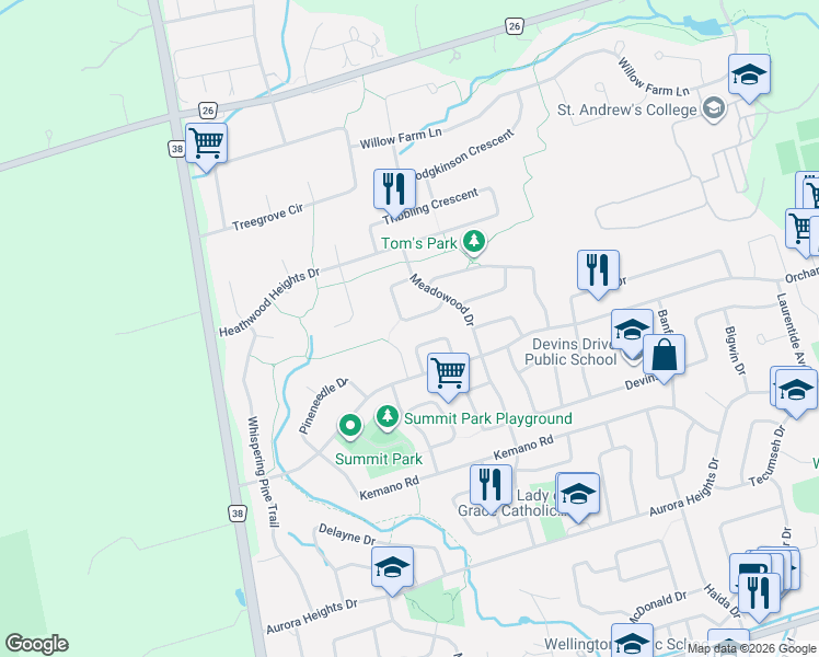 map of restaurants, bars, coffee shops, grocery stores, and more near 21 Chadburn Crescent in Aurora